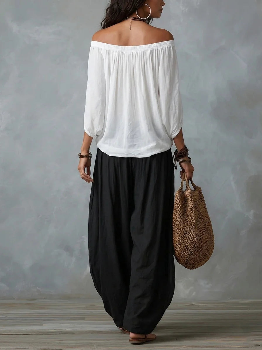 Sofía | Conjunto bohemio de top asimétrico y pantalón palazzo