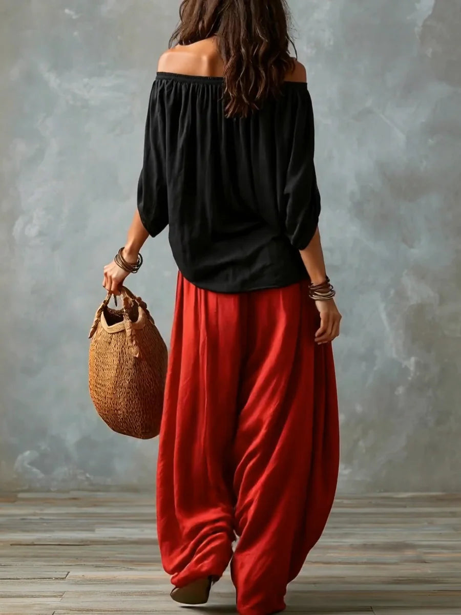Sofía | Conjunto bohemio de top asimétrico y pantalón palazzo