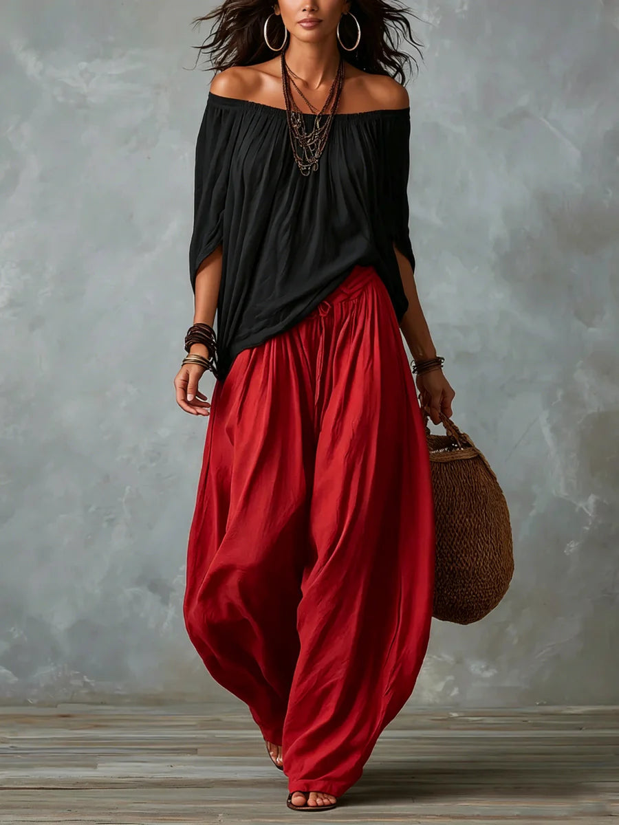 Sofía | Conjunto bohemio de top asimétrico y pantalón palazzo