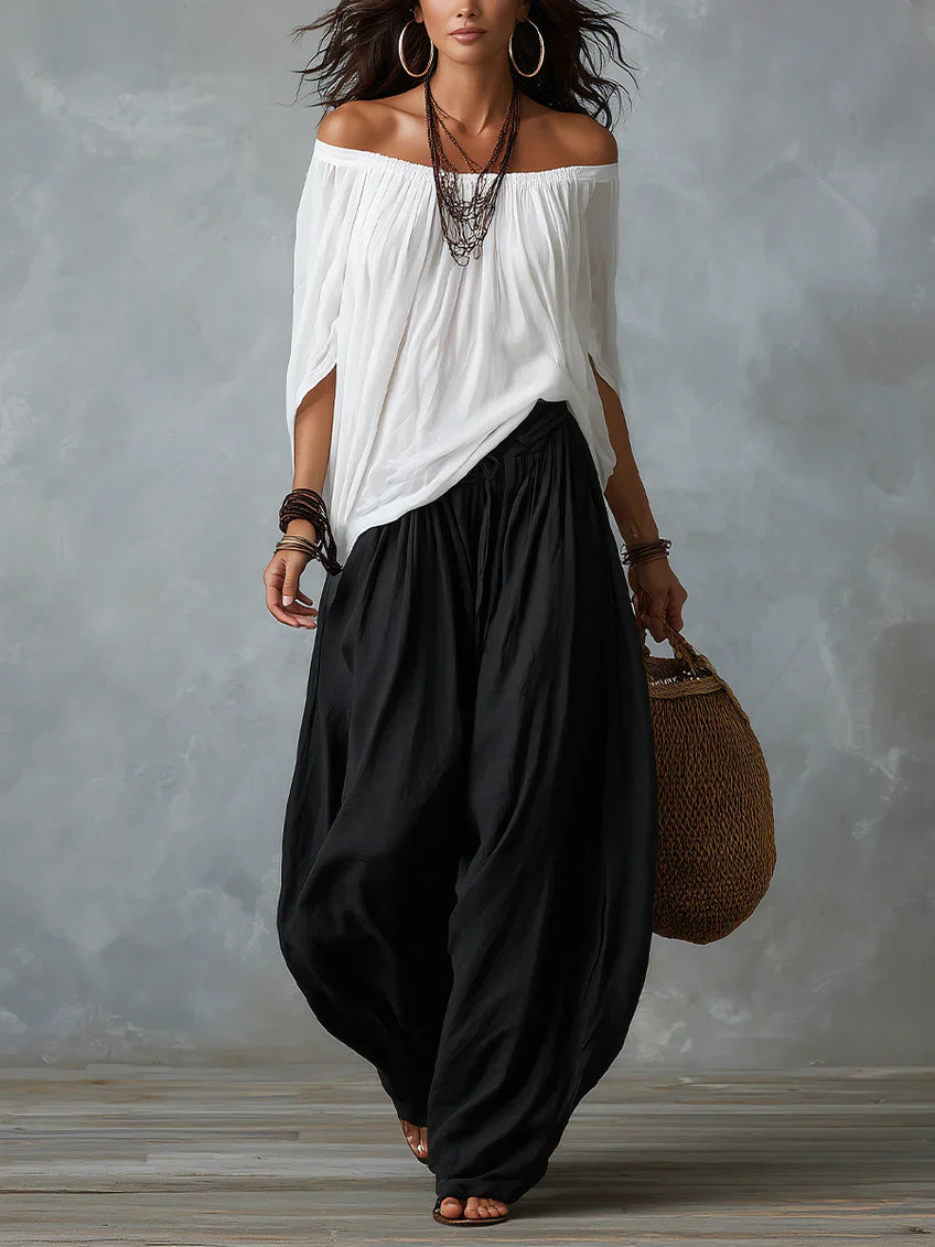 Sofía | Conjunto bohemio de top asimétrico y pantalón palazzo