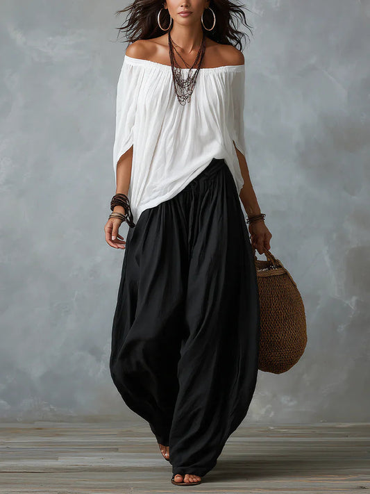 Sofía | Conjunto bohemio de top asimétrico y pantalón palazzo