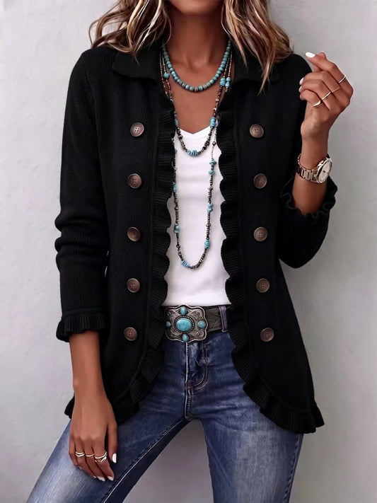 Miriam | Chaqueta de Punto Canalé Negro Intenso con Volantes