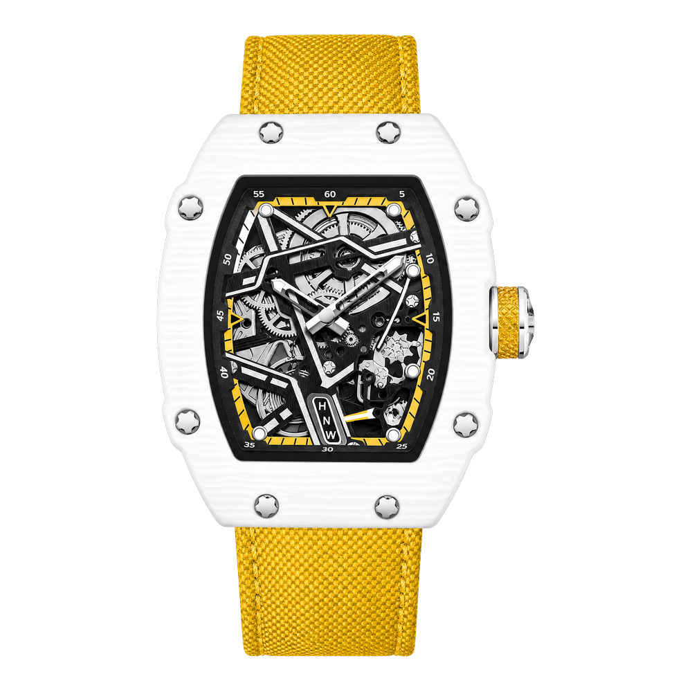 Reloj Hombre Esqueleto de Lujo | Caja Tonel Carbón · Esfera Abierta · Correa Tejida