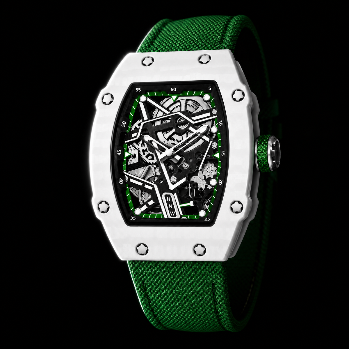 Reloj Hombre Esqueleto de Lujo | Caja Tonel Carbón · Esfera Abierta · Correa Tejida