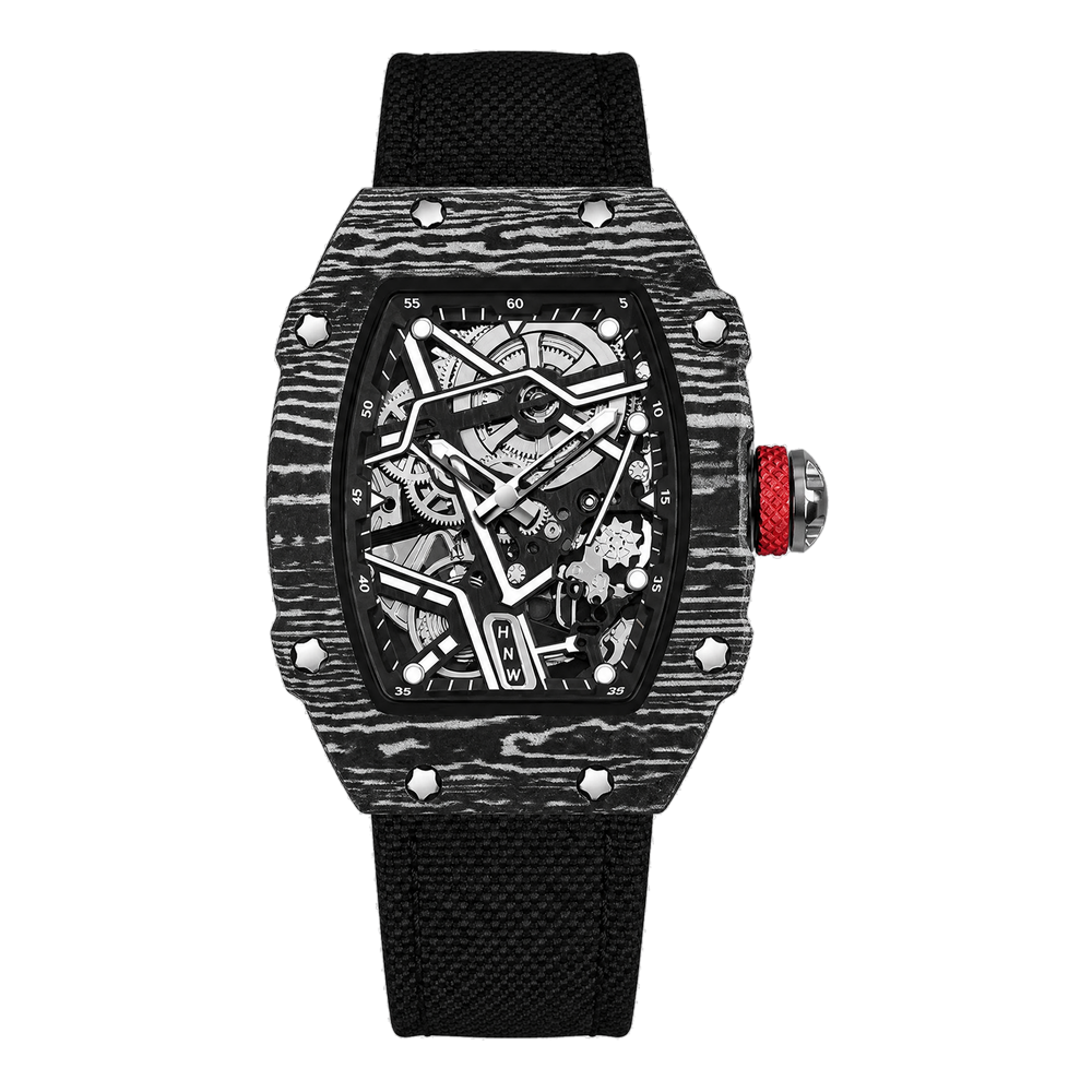 Reloj Hombre Esqueleto de Lujo | Caja Tonel Carbón · Esfera Abierta · Correa Tejida