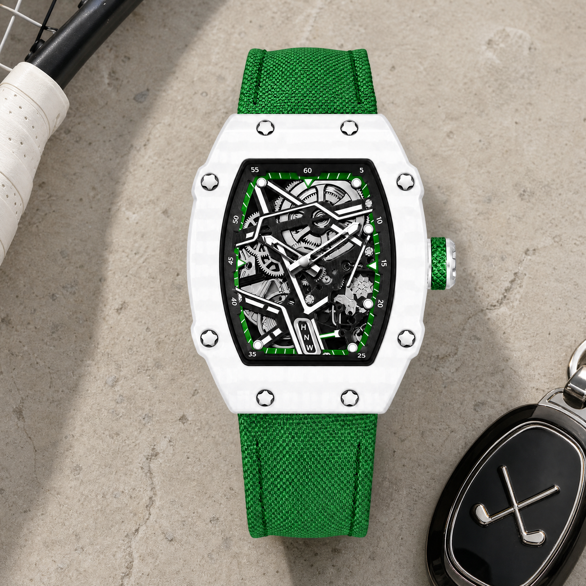 Reloj Hombre Esqueleto de Lujo | Caja Tonel Carbón · Esfera Abierta · Correa Tejida