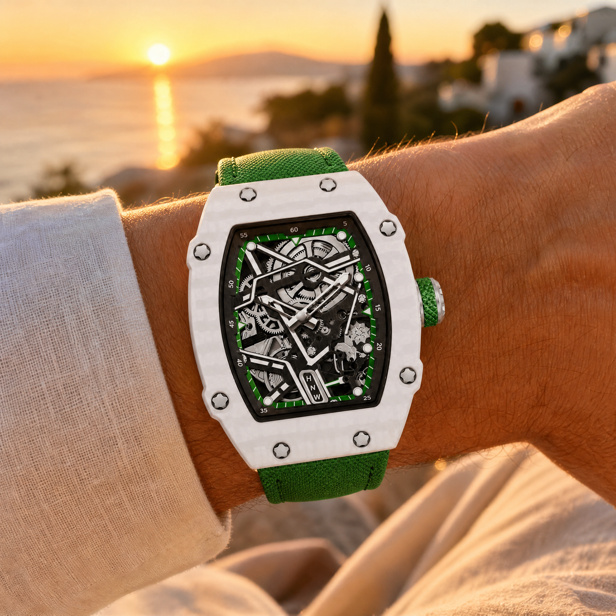 Reloj Hombre Esqueleto de Lujo | Caja Tonel Carbón · Esfera Abierta · Correa Tejida