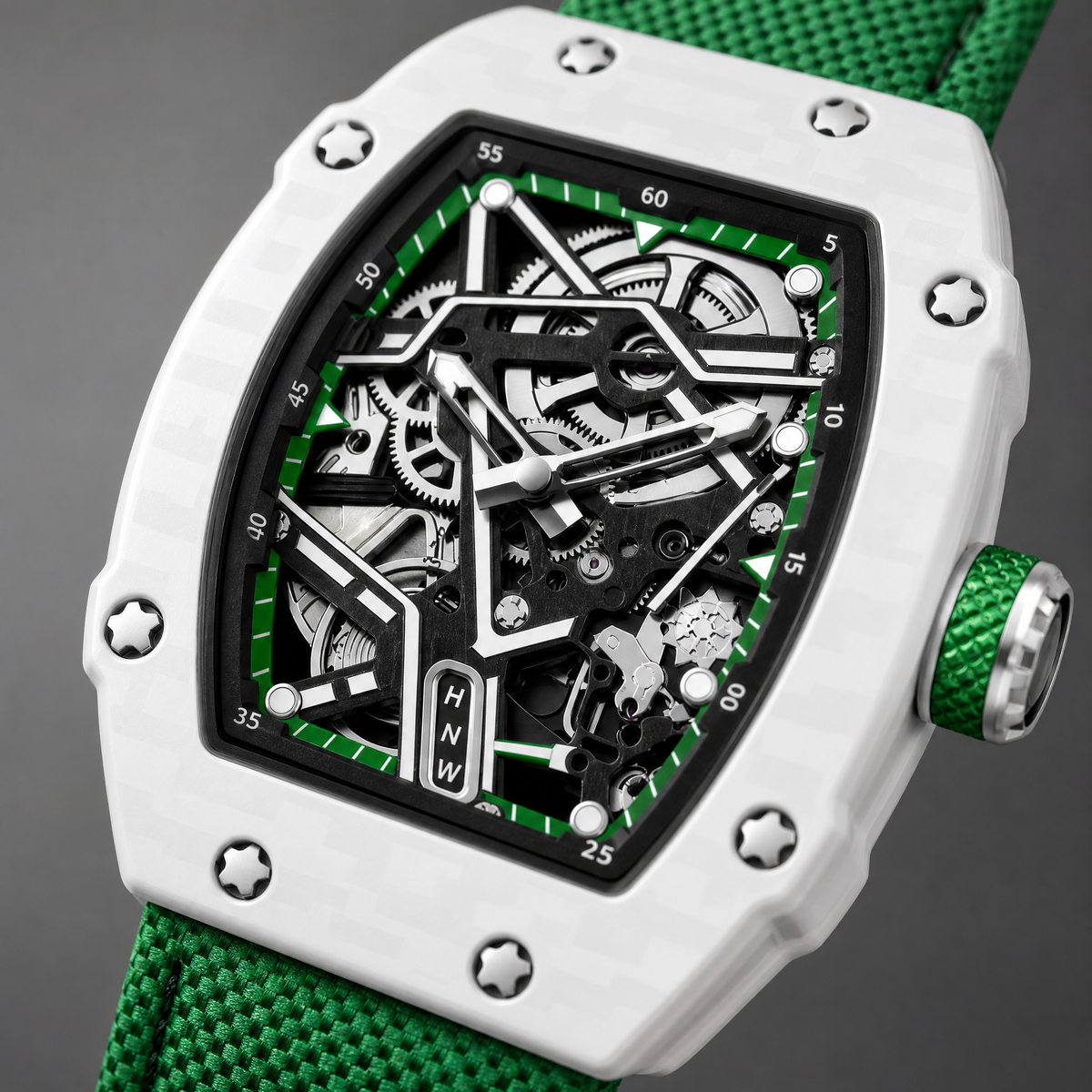Reloj Hombre Esqueleto de Lujo | Caja Tonel Carbón · Esfera Abierta · Correa Tejida
