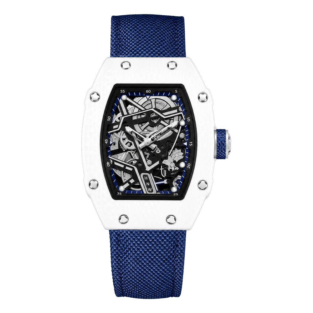 Reloj Hombre Esqueleto de Lujo | Caja Tonel Carbón · Esfera Abierta · Correa Tejida