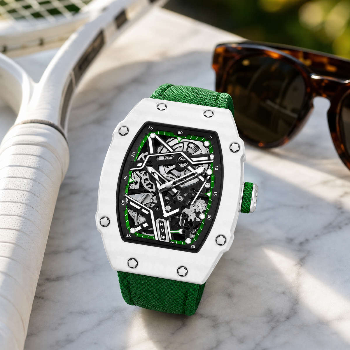Reloj Hombre Esqueleto de Lujo | Caja Tonel Carbón · Esfera Abierta · Correa Tejida
