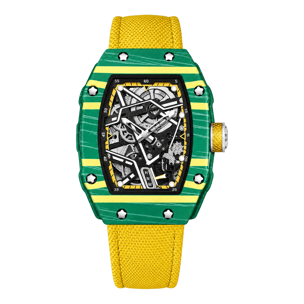 Reloj Hombre Esqueleto de Lujo | Caja Tonel Carbón · Esfera Abierta · Correa Tejida