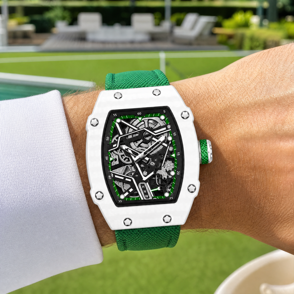 Reloj Hombre Esqueleto de Lujo | Caja Tonel Carbón · Esfera Abierta · Correa Tejida