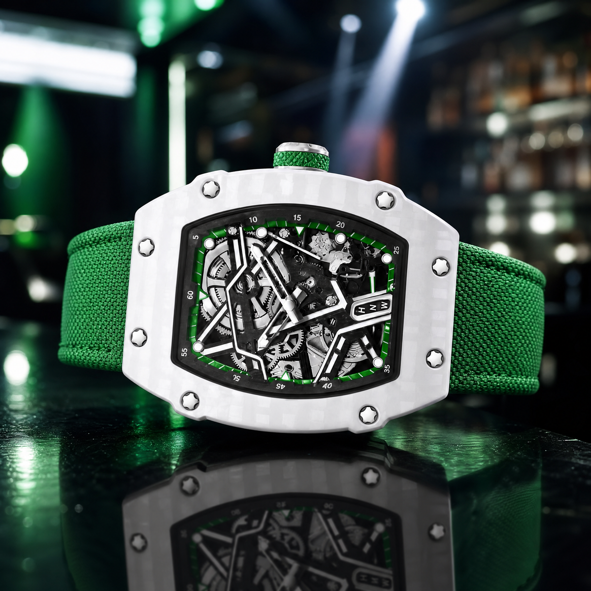 Reloj Hombre Esqueleto de Lujo | Caja Tonel Carbón · Esfera Abierta · Correa Tejida
