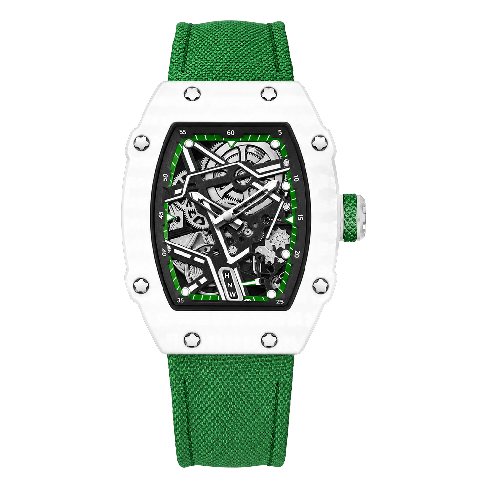 Reloj Hombre Esqueleto de Lujo | Caja Tonel Carbón · Esfera Abierta · Correa Tejida