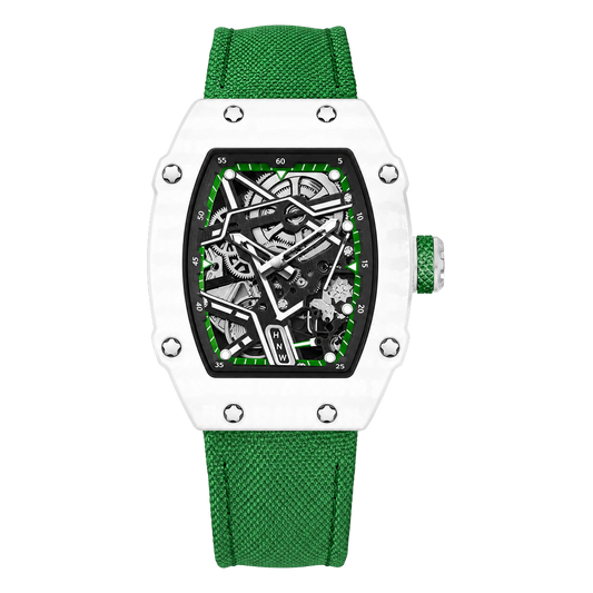 Reloj Hombre Esqueleto de Lujo | Caja Tonel Carbón · Esfera Abierta · Correa Tejida