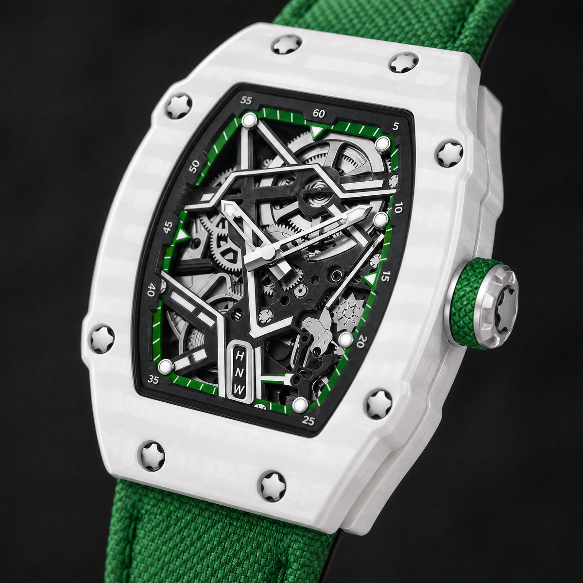 Reloj Hombre Esqueleto de Lujo | Caja Tonel Carbón · Esfera Abierta · Correa Tejida