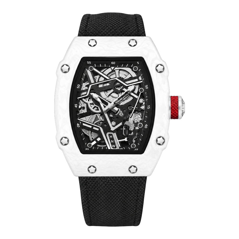 Reloj Hombre Esqueleto de Lujo | Caja Tonel Carbón · Esfera Abierta · Correa Tejida