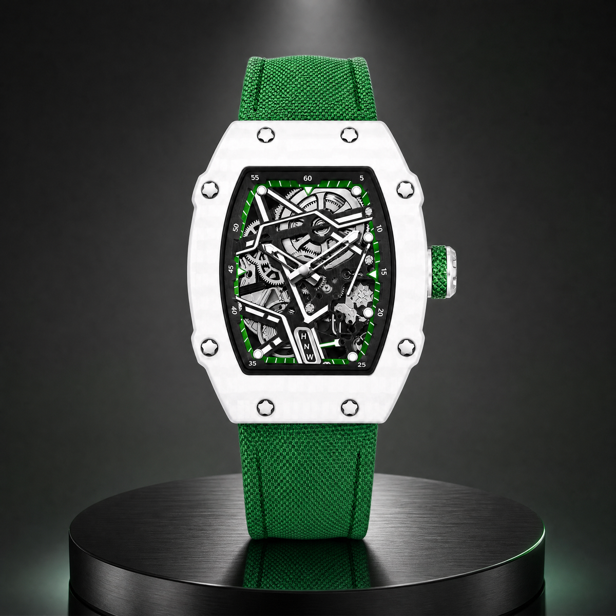 Reloj Hombre Esqueleto de Lujo | Caja Tonel Carbón · Esfera Abierta · Correa Tejida
