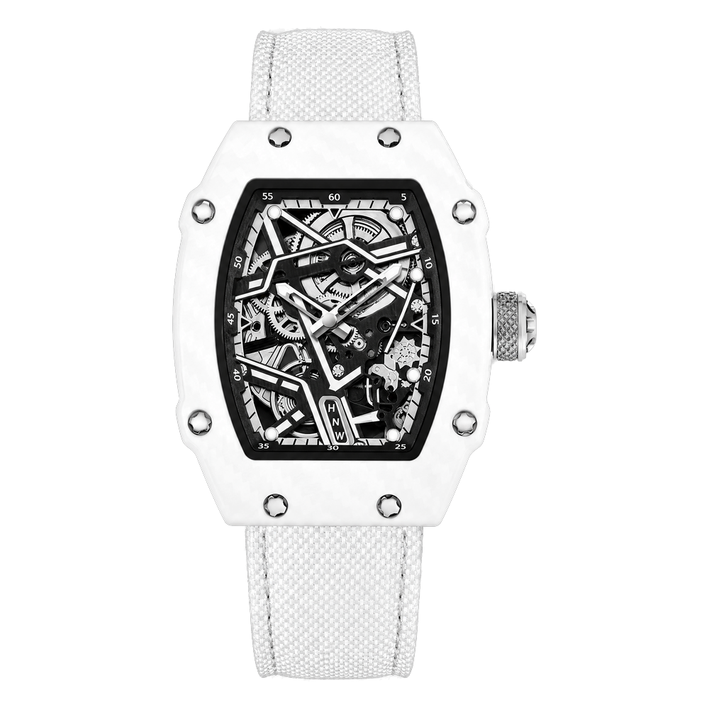 Reloj Hombre Esqueleto de Lujo | Caja Tonel Carbón · Esfera Abierta · Correa Tejida