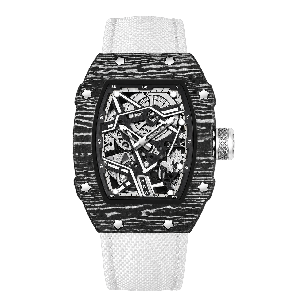 Reloj Hombre Esqueleto de Lujo | Caja Tonel Carbón · Esfera Abierta · Correa Tejida