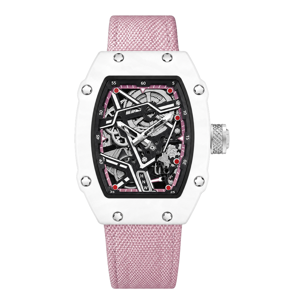 Reloj Hombre Esqueleto de Lujo | Caja Tonel Carbón · Esfera Abierta · Correa Tejida