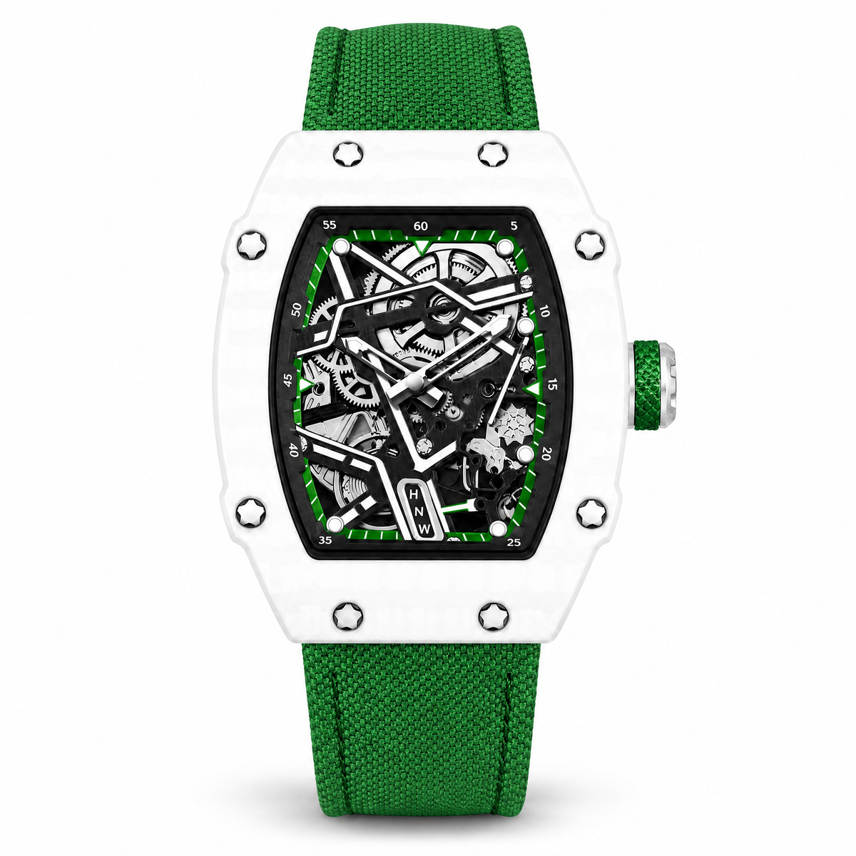 Reloj Hombre Esqueleto de Lujo | Caja Tonel Carbón · Esfera Abierta · Correa Tejida