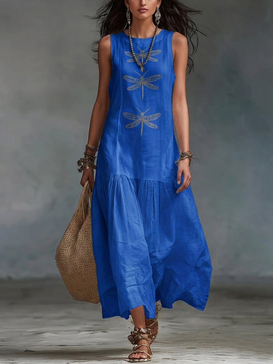 Vestido julieta | Maxi sin Mangas con Bordado de Libélulas