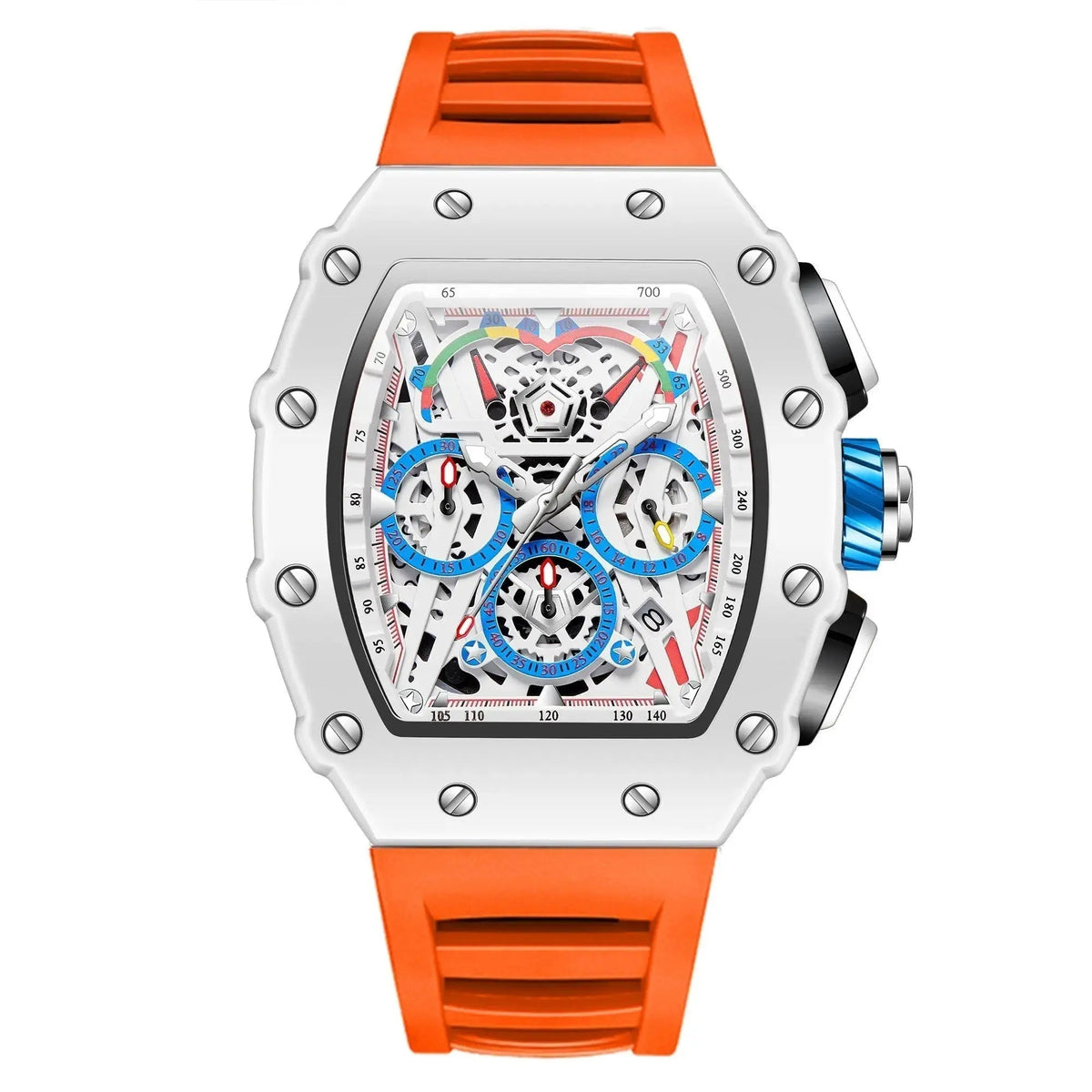 Reloj Hombre Esqueleto Cronógrafo | Caja Tonel · Esfera Abierta · 7 Colores