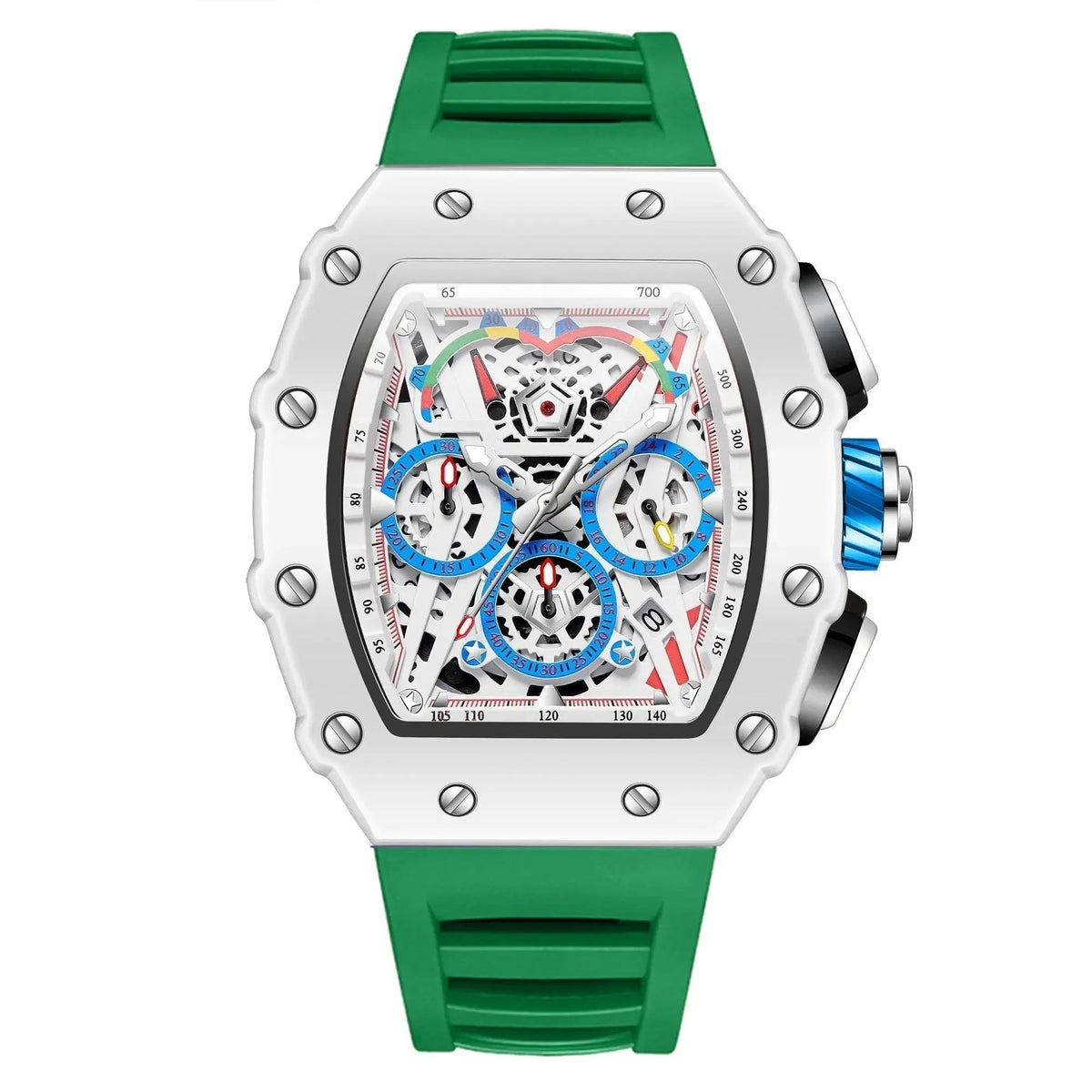 Reloj Hombre Esqueleto Cronógrafo | Caja Tonel · Esfera Abierta · 7 Colores