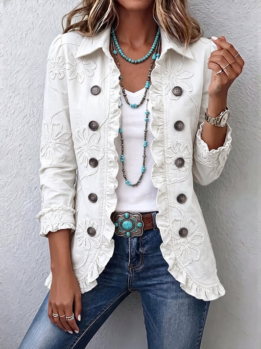 Elisa | Chaqueta Boho-Chic Bordado Floral Marfil con Acabados Fruncidos
