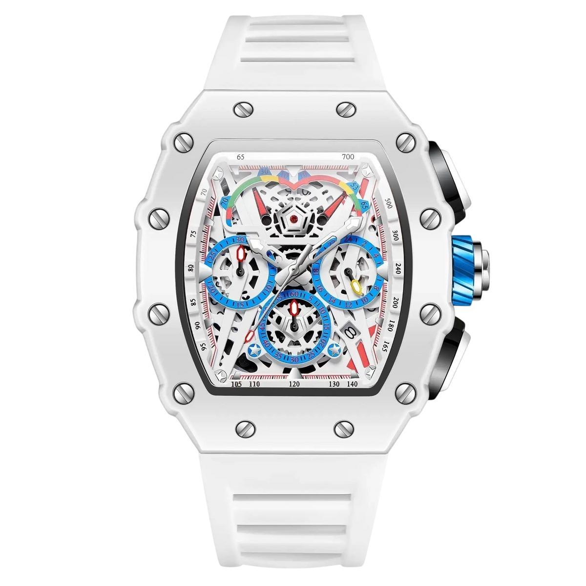 Reloj Hombre Esqueleto Cronógrafo | Caja Tonel · Esfera Abierta · 7 Colores