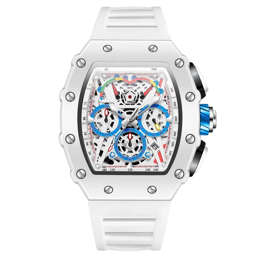 Reloj Hombre Esqueleto Cronógrafo | Caja Tonel · Esfera Abierta · 7 Colores
