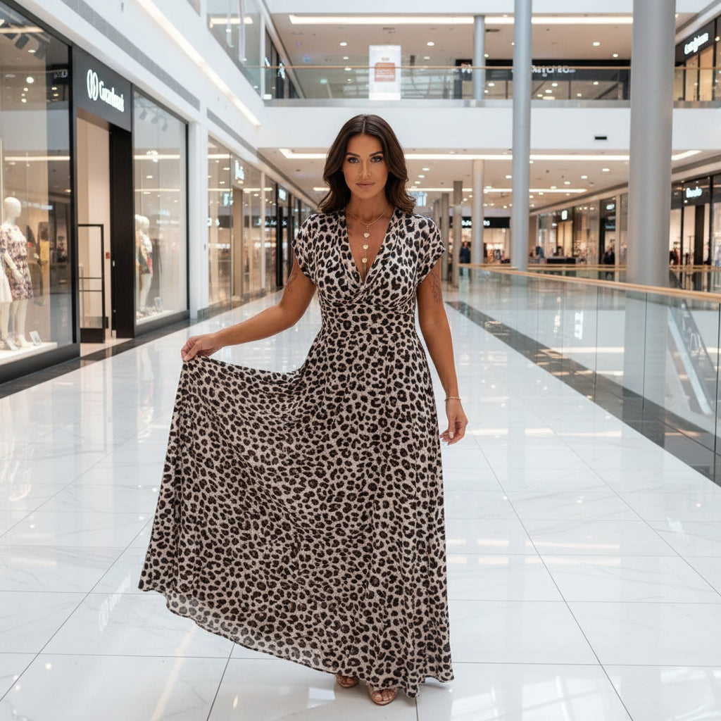 Vestido Paula con Estampado de Leopardo y Escote en V para Mujer