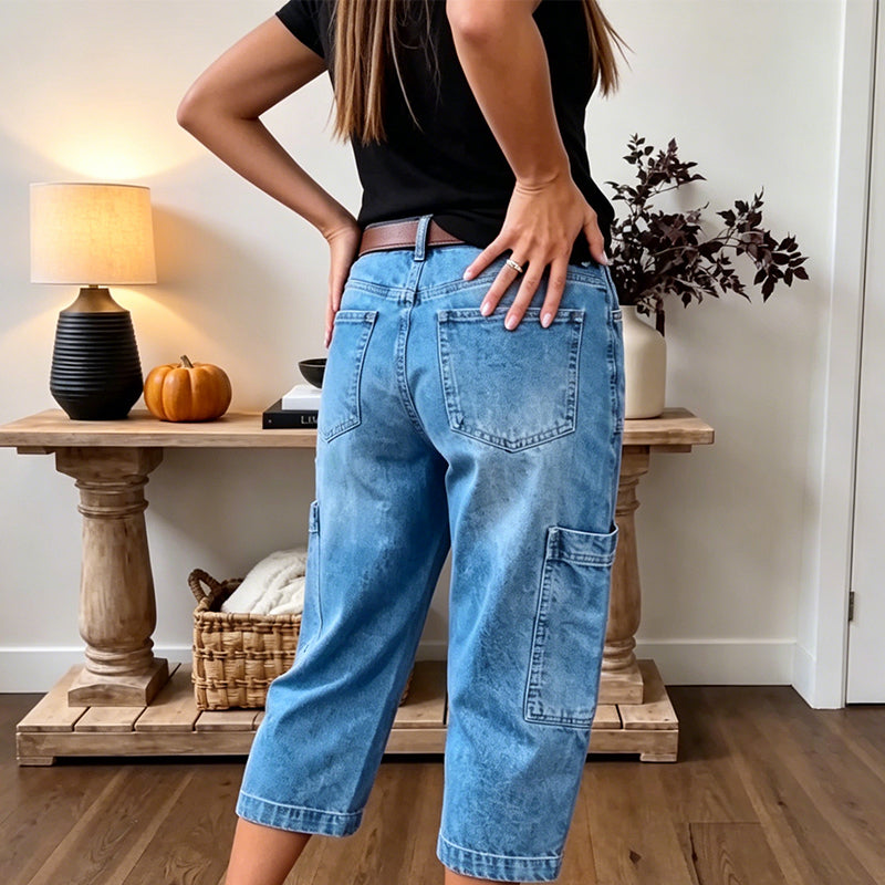 Pantalon vaquero corto extensible para mujer - Corte barrel relajado, talle medio, bolsillos multiples, tallas S-3XL