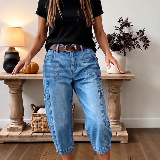 Pantalon vaquero corto extensible para mujer - Corte barrel relajado, talle medio, bolsillos multiples, tallas S-3XL