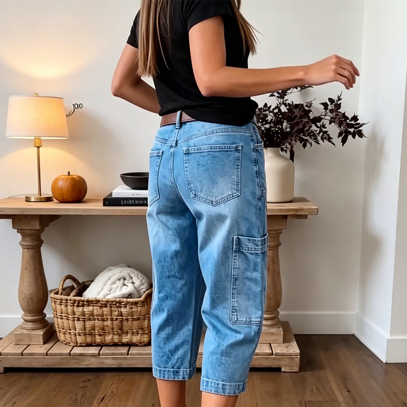 Pantalon vaquero corto extensible para mujer - Corte barrel relajado, talle medio, bolsillos multiples, tallas S-3XL
