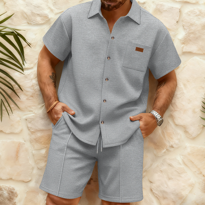 Conjunto camisa manga corta y short de punto gofrado para hombre - Tejido transpirable, corte relajado, tallas S-3XL